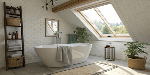Fototapeta premium Attic Bathroom Oasis White Tub, Skylight View, Modern Interior ,Bathtub, Skylight