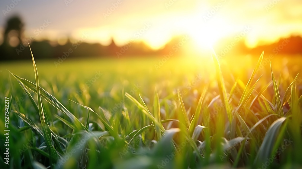 Aufkleber sunlight illuminating a beautiful green field with fresh grass and nature background : generative ai