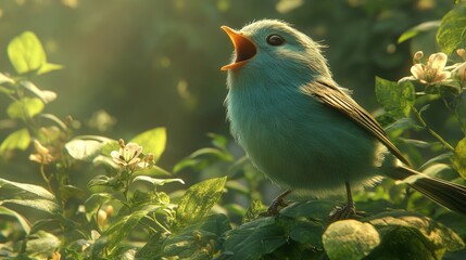 Cute bird singing in a sunny garden. Possible use for children's books, cards, or desktop wallpapers