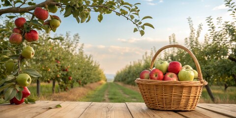 Apple Orchard Bounty Basket of Fresh Fruit on Wooden Table , fruit, harvest
