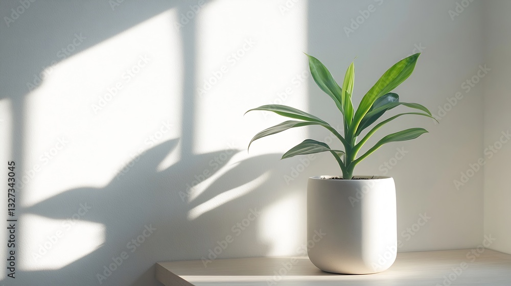 Aufkleber potted plant basking in soft natural light with a delicate shadow cast on a minimalistic wall : gene