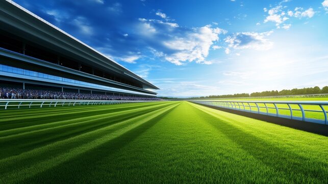 Vibrant horse racing track under a clear blue sky with spectators enjoying the event