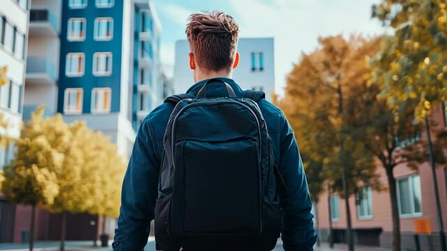 Back to school, Back of college student with backpack while going to university by walking from street, teenager in campus, education background