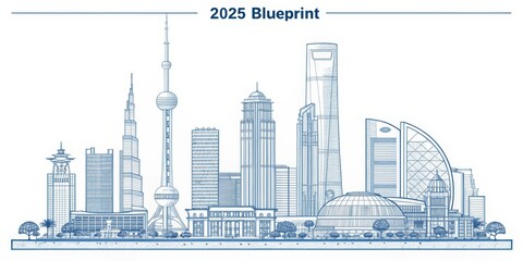 Fototapeta premium 2025 City Blueprint Architectural Sketch of Future Skyline, urban design, architecture