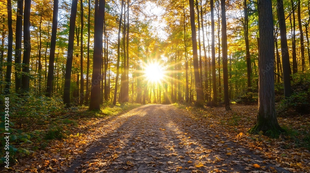 Poster Autumn forest scene with sunlight piercing through trees and illuminating the path covered in golden leaves : Generative AI