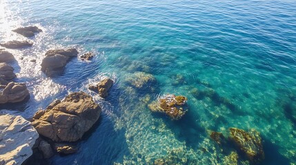 Fototapeta premium Stunning aerial view of clear turquoise waters with rocky coastline and gentle waves under bright sunlight : Generative AI