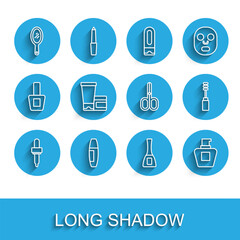 Set line Pipette, Mascara brush, Hand mirror, Nail polish bottle, Cream lotion cosmetic tube, and Scissors icon. Vector