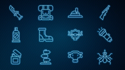 Set line Mosquito, Flashlight, Hunter hat, boots, Spray against insects, knife, Deer antlers on shield and Hiking backpack icon. Vector