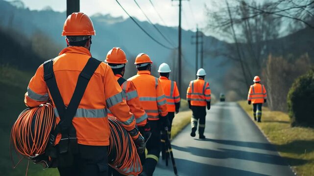 A team of workers in orange protective suits and hard hats carry fibre optic cables along a country road as they work on power lines in a village.