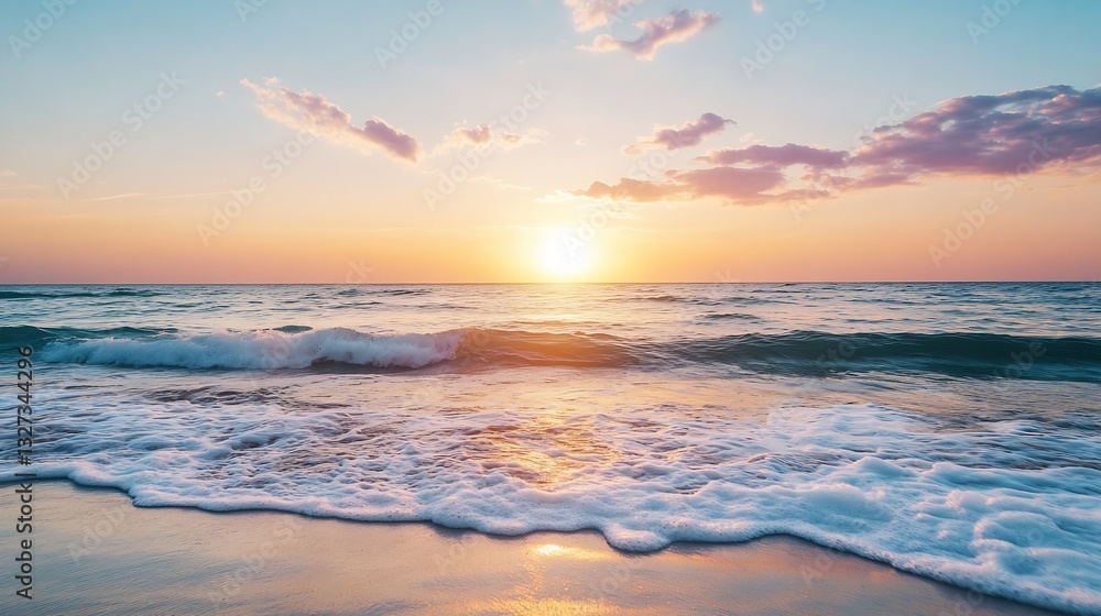 Poster breathtaking sunset over the ocean with waves gently lapping at the shore : generative ai