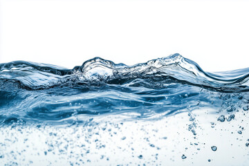 Blue water splash isolated on white background with flowing droplets and ripples