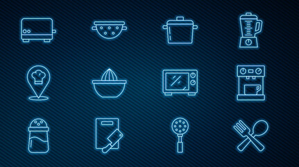Set line Crossed fork and spoon, Coffee machine, Cooking pot, Citrus fruit juicer, Chef hat with location, Toaster, Microwave oven and Kitchen colander icon. Vector