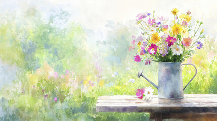 beautiful watercolor illustration of watering can filled with vibrant flowers, set against soft, dreamy garden background