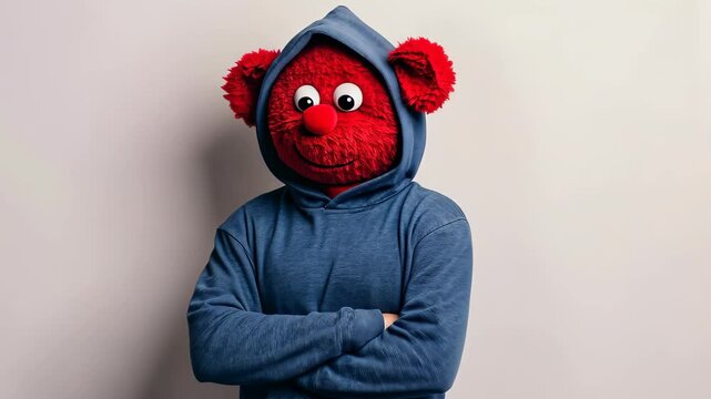 Red plush character wearing a blue hoodie with arms crossed, standing against a neutral background Humorous and creative concept of a stuffed toy in casual human clothing