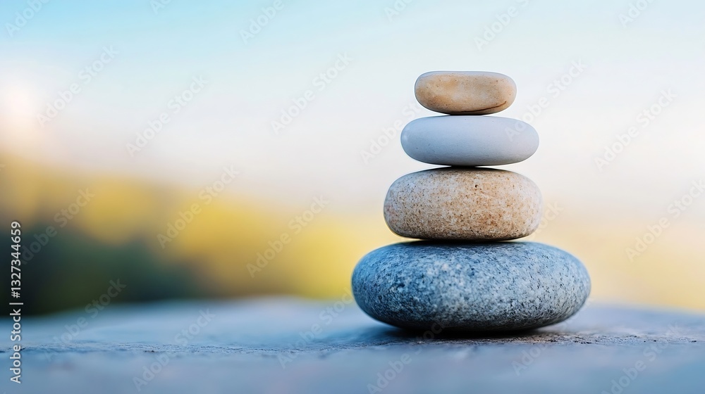 Fototapete Serene stack of smooth stones balancing perfectly on top of each other against a soft blurred background : Generative AI