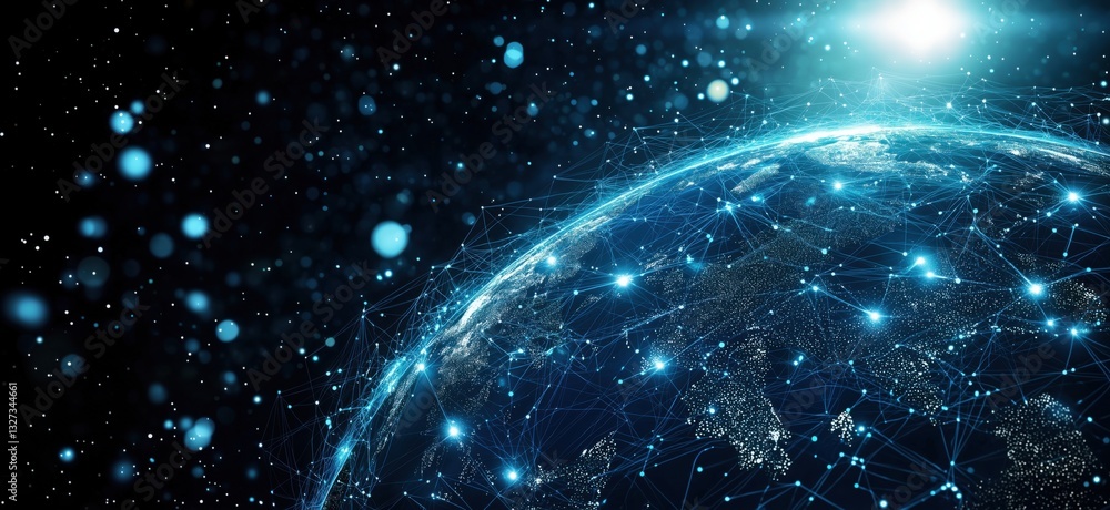 Poster digital globe with interconnected networks and glowing particles in space
