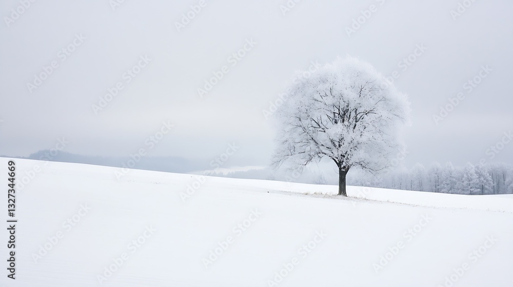 Poster lone winter tree covered in snow standing majestically on a white landscape with cloudy sky : genera