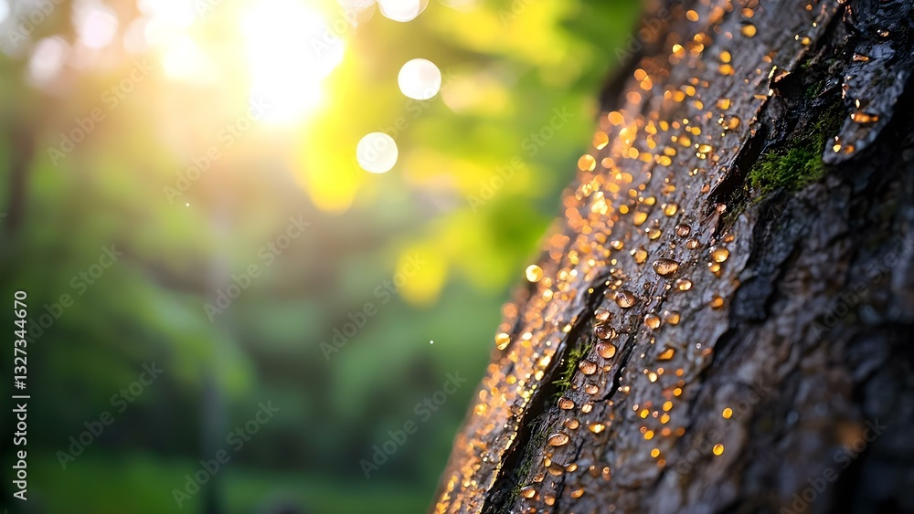 Aufkleber sunlight filters through trees, illuminating a textured tree trunk adorned with shimmering drops of 