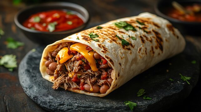A mouthwatering classic burrito, featuring slow-cooked shredded beef, pinto beans, and melted cheddar cheese, wrapped in a lightly toasted flour tortilla,
