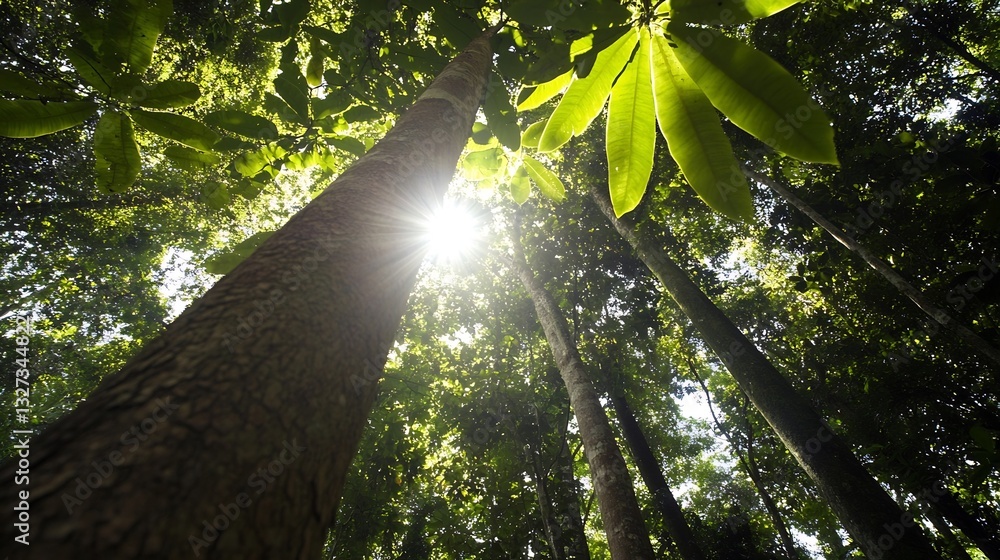 Aufkleber Sunlight filtering through tall trees in a lush forest creating a peaceful and serene natural environment for relaxation : Generative AI