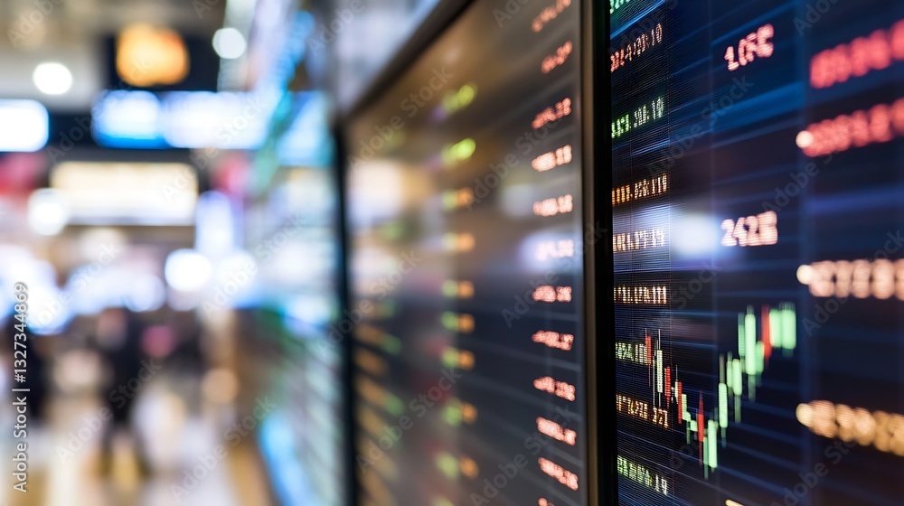 Poster Dynamic CloseUp of Stock Market Ticker Displaying Financial Data and Trends with Busy Trading Floor in the Background : Generative AI