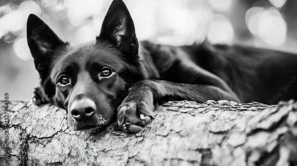 Aufkleber black dog resting on a wooden log looking soulful in a blurred background : generative ai
