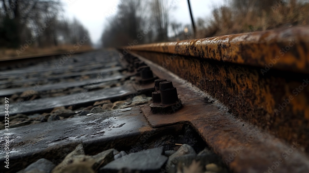 Poster closeup view of rusty train tracks showcasing weathered metal and stones under an overcast sky : gen
