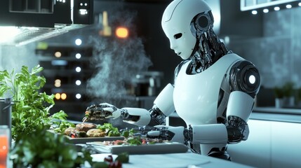 Futuristic automated cuisine: AI robot chef prepares gourmet dishes in modern kitchen