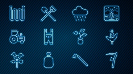 Set line Scythe, Corn, Cloud with rain, Garden worker clothes, Tractor, hose, Plant and Shovel icon. Vector