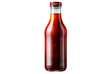 Glass bottle filled with red sauce on transparent background