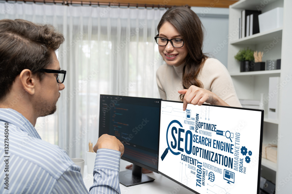 Poster seo search engine optimization for brisk e-commerce and online retail business showing on computer s