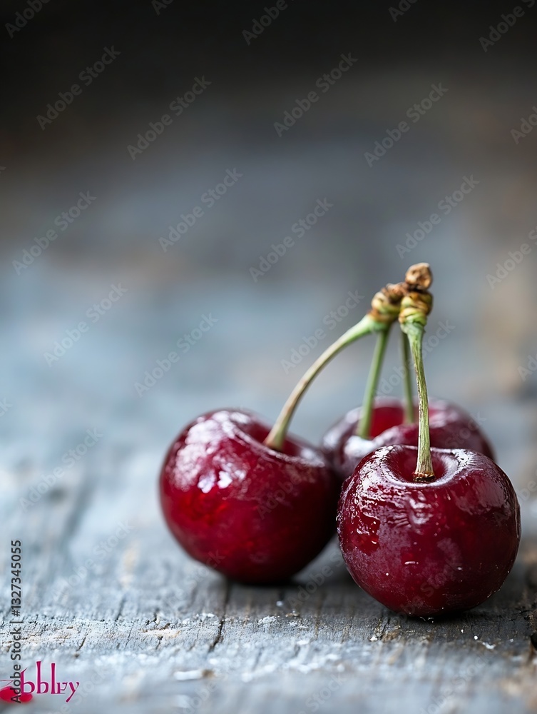 Poster close up image of glistening dark cherries set against rustic wooden background : generative ai