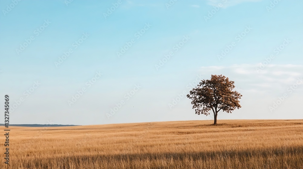 Poster solitary tree in a vast golden field under a pastel sky during a serene autumn day in the countrysid