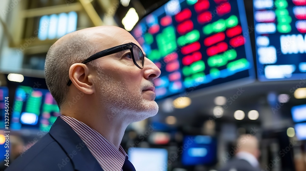 Aufkleber Focused Stock Trader Analyzing Market Data on Digital Screens in a Busy Trading Room : Generative AI