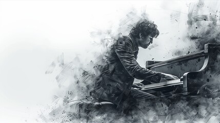 A talented pianist passionately playing a grand piano, surrounded by an artistic blend of shades and tones.