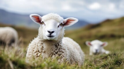 Fototapeta premium Close up of a curious sheep looking at the camera while grazing in a green field : Generative AI