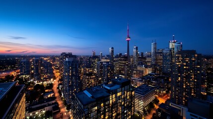 Obraz premium Vibrant City Skyline at Night with Illuminated Buildings and Towering Skyscrapers : Generative AI