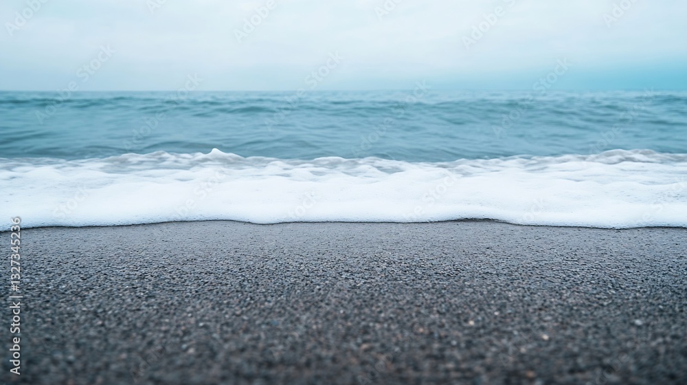 Poster Gentle ocean waves softly crashing onto a sandy shore creating frothy white foam on a cloudy day : Generative AI