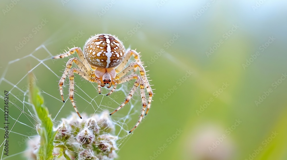 Poster closeup of colorful spider spinning web in a lush green environment highlighting nature's intricacie