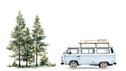 vintage van parked beside tall evergreen trees in serene landscape