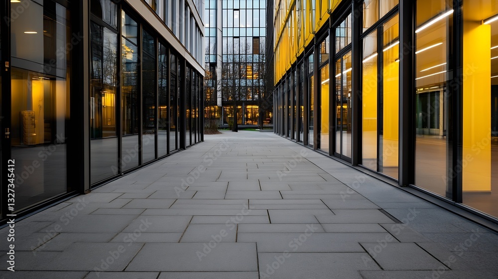 Poster modern urban architecture featuring glass buildings and a spacious walkway during a bright day : gen