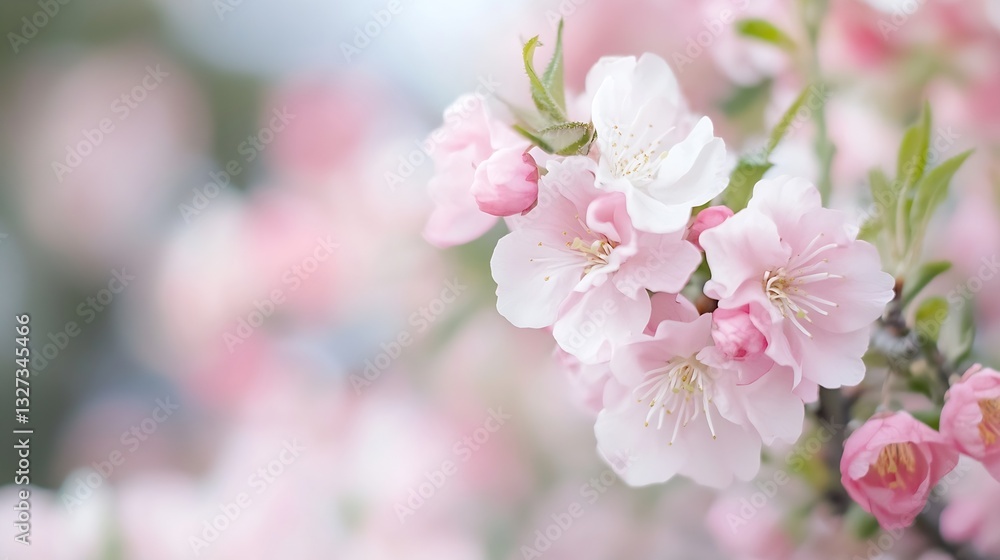Poster delicate pink cherry blossom branches in full bloom captured against a soft background : generative 