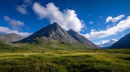 Fototapeta premium Vast Expanses of Grasslands under a Bright Blue Sky Showcasing Majestic Mountains in the Distance : Generative AI