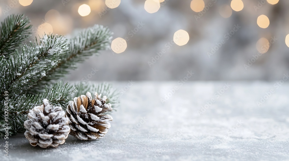 Poster winter scene with frosted pine cones and evergreen branches illuminated by festive bokeh lights : ge