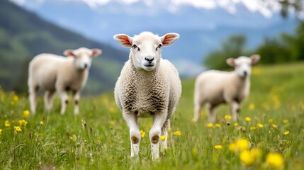 Obraz premium Three adorable sheep in a vibrant green meadow framed by stunning mountains and wildflowers : Generative AI