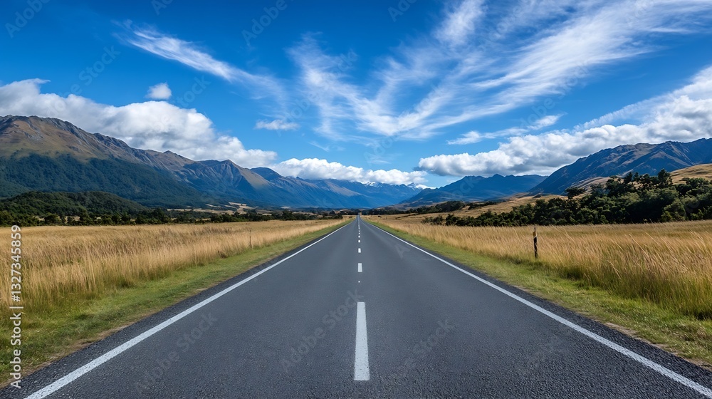 Aufkleber wide open road stretching into the distance with scenic mountains and clouds in a vibrant sky : gene