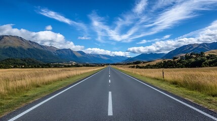 Naklejka premium Wide open road stretching into the distance with scenic mountains and clouds in a vibrant sky : Generative AI