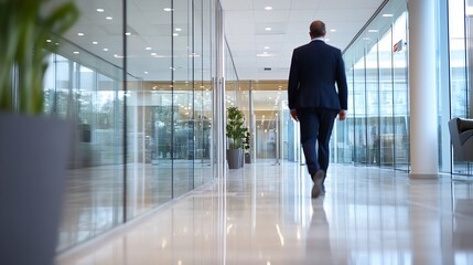 Businessman walking through a modern office corridor reflecting professionalism and confidence in career : Generative AI