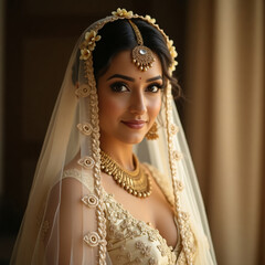 Mysterious bride with subtle smile lifts cream dupatta to reveal features with golden accents - pure, generative ai