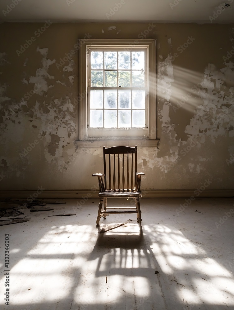 Poster abandoned interior featuring a solitary rocking chair illuminated by soft light through a dusty wind